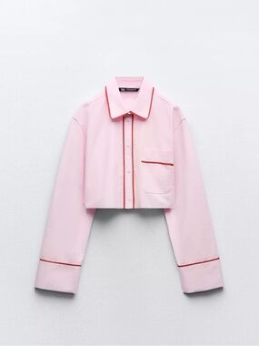 Zara Pink Cropped Button-Down Shirt with Red Trim NWT